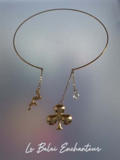 Collier Funambule, trèfle, plaqué or et cristal - pièce unique
